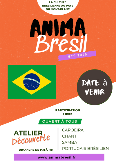 Affiche colorée annonçant une journée d’ateliers découverte de capoeira, samba, chant et cours de portugais brésilien.
